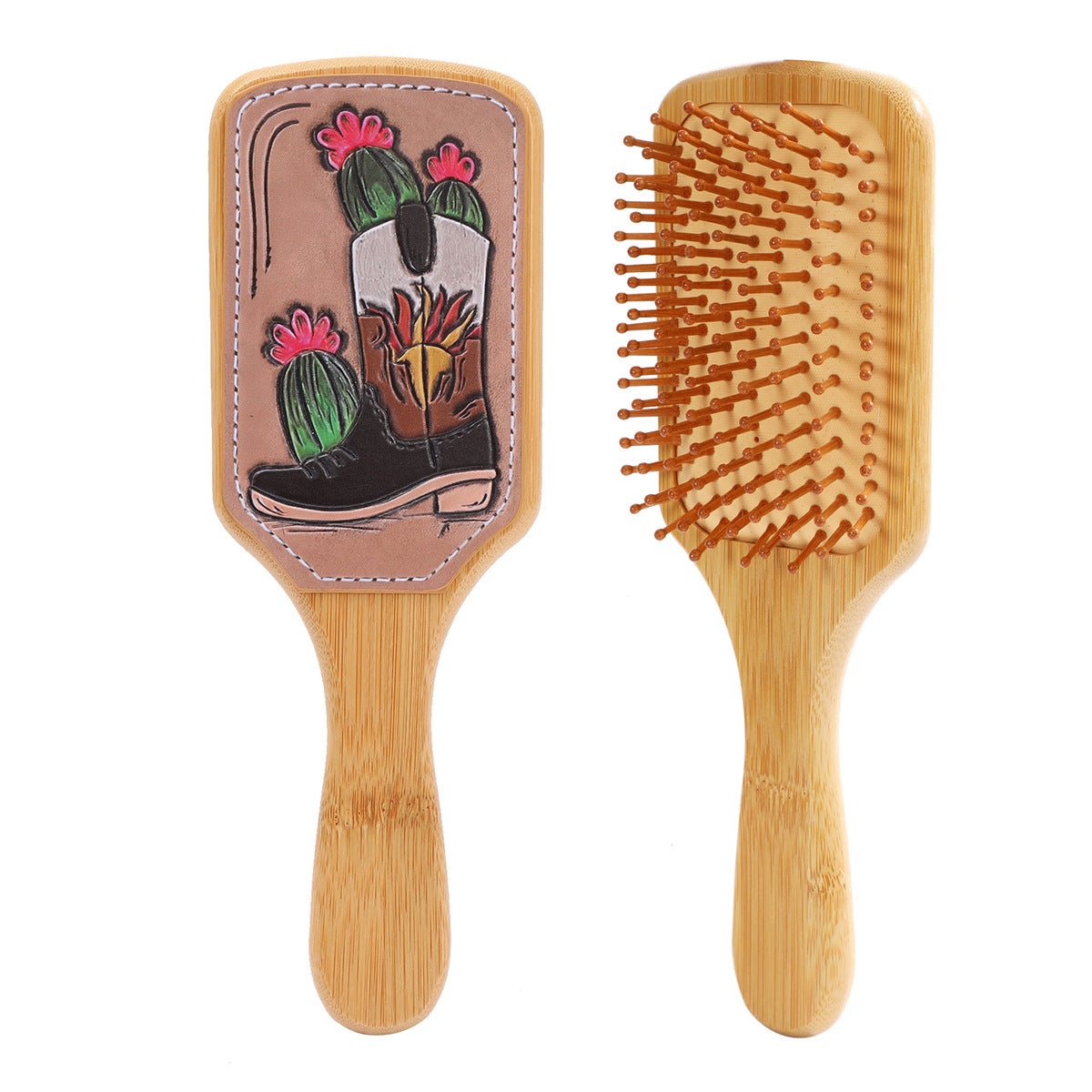Wholesale Bamboo Real Leather Cow Retro Western Cowboy Style Air Cushion Comb Airbag Comb Meridian Massage Comb Hairdressing Comb